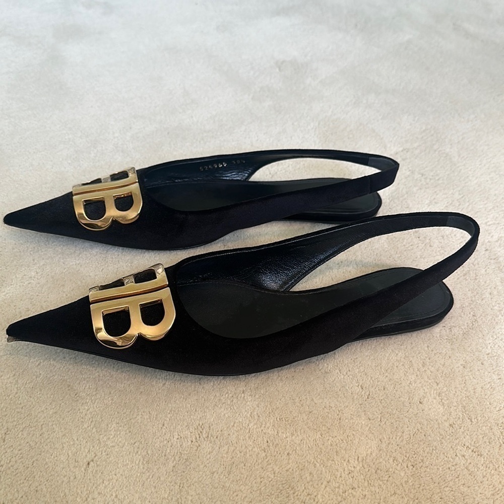 Balenciaga Black Velvet BB Knife Slingback Flats Shoes Pointy Toe Size 8.5 - Picture 5 of 11